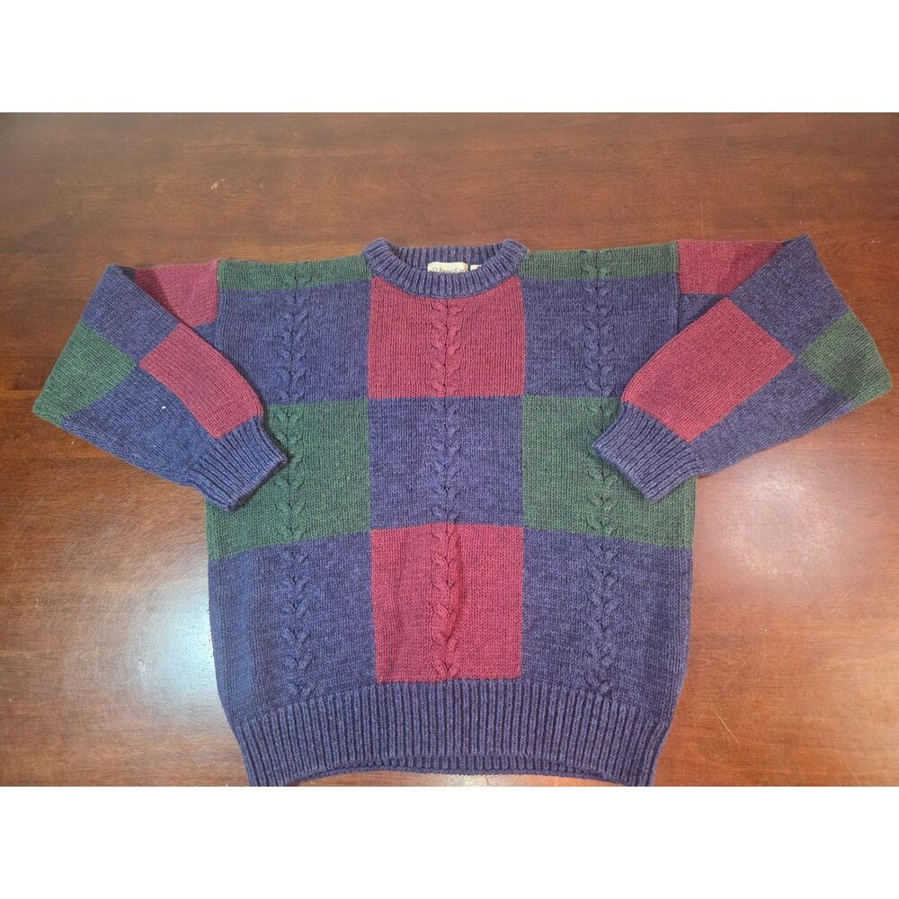 VTG St Johns Bay Color Block Cable Knit Sweater Blue Red Green Pullover XL